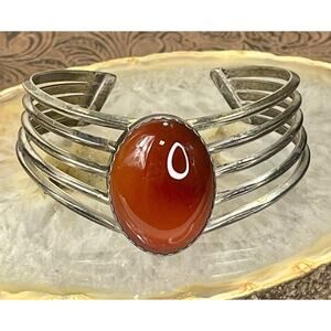 VTG Southwest Sterling Silver Wide Cuff Bracelet Carnelian Gem Cabochon 40.5g